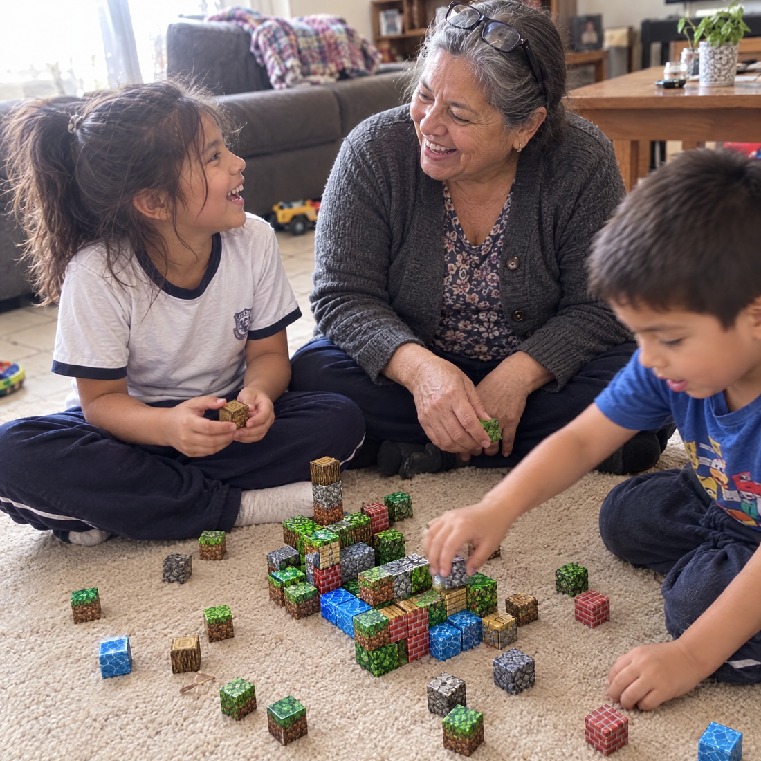 Abuela y nietos construyendo juntos con Trezio Blocks