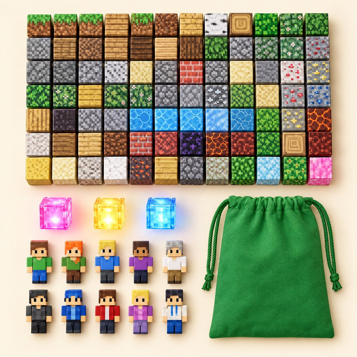 Contenido del Pack Legendario: bloques, cubos LED, personajes y bolsa